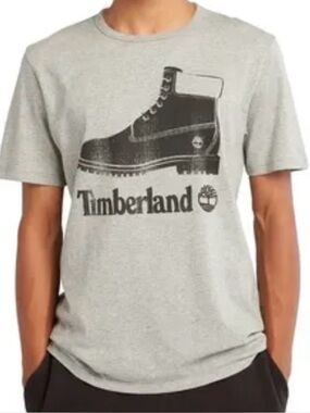 Timberland Men Gray Short Sleeve Cotton Tee:  Boot and Brand Logo size Medium